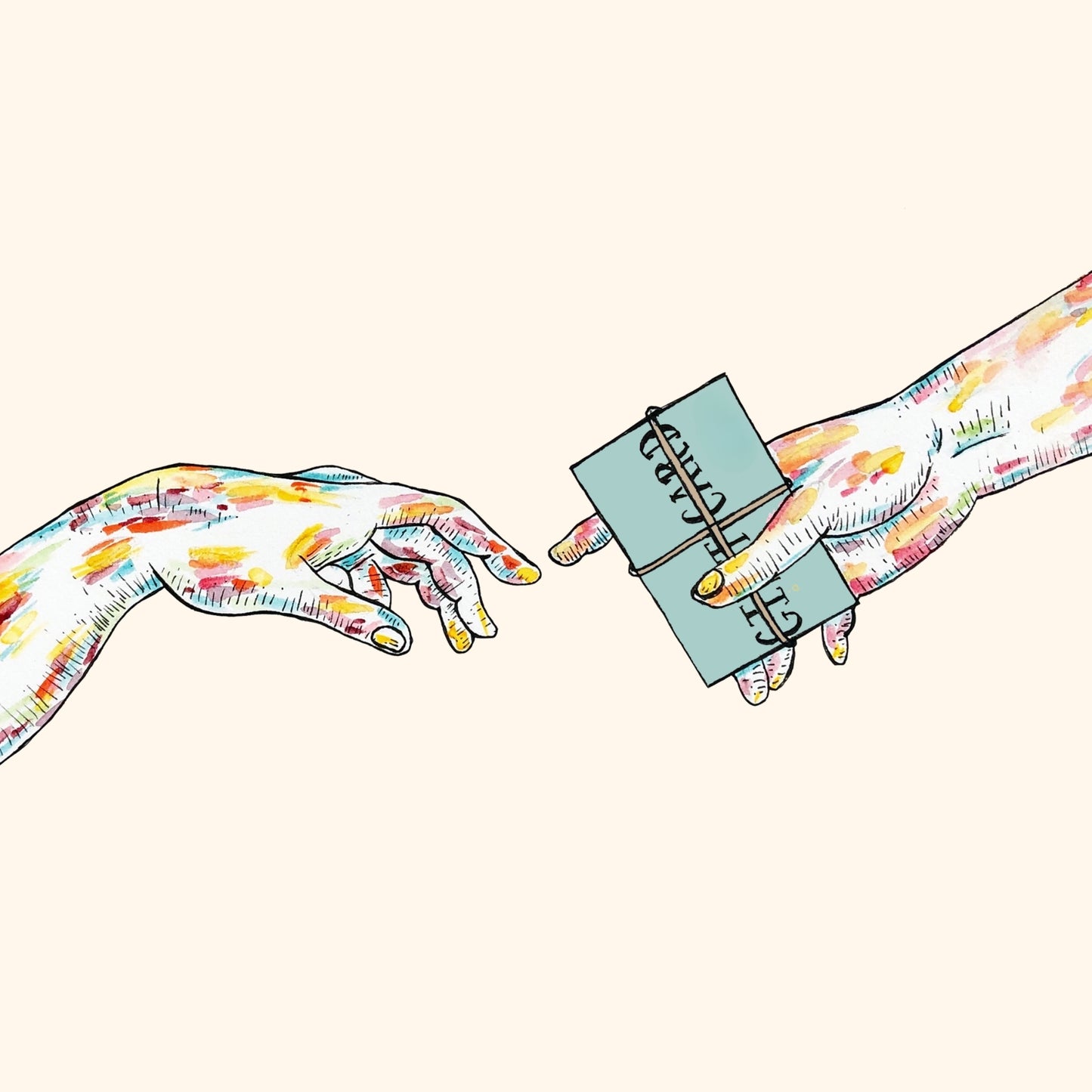 A colorful illustrated hand passes an Honesty Gift Card to another hand—like exchanging a present—set against a pale background.