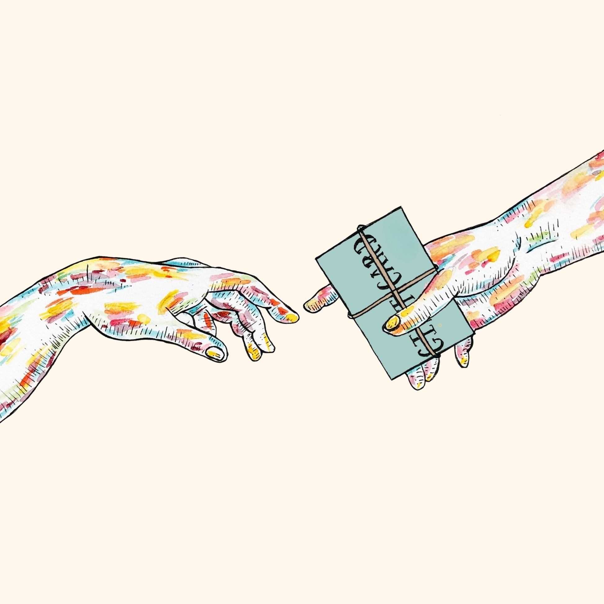 A colorful illustrated hand passes an Honesty Gift Card to another hand—like exchanging a present—set against a pale background.