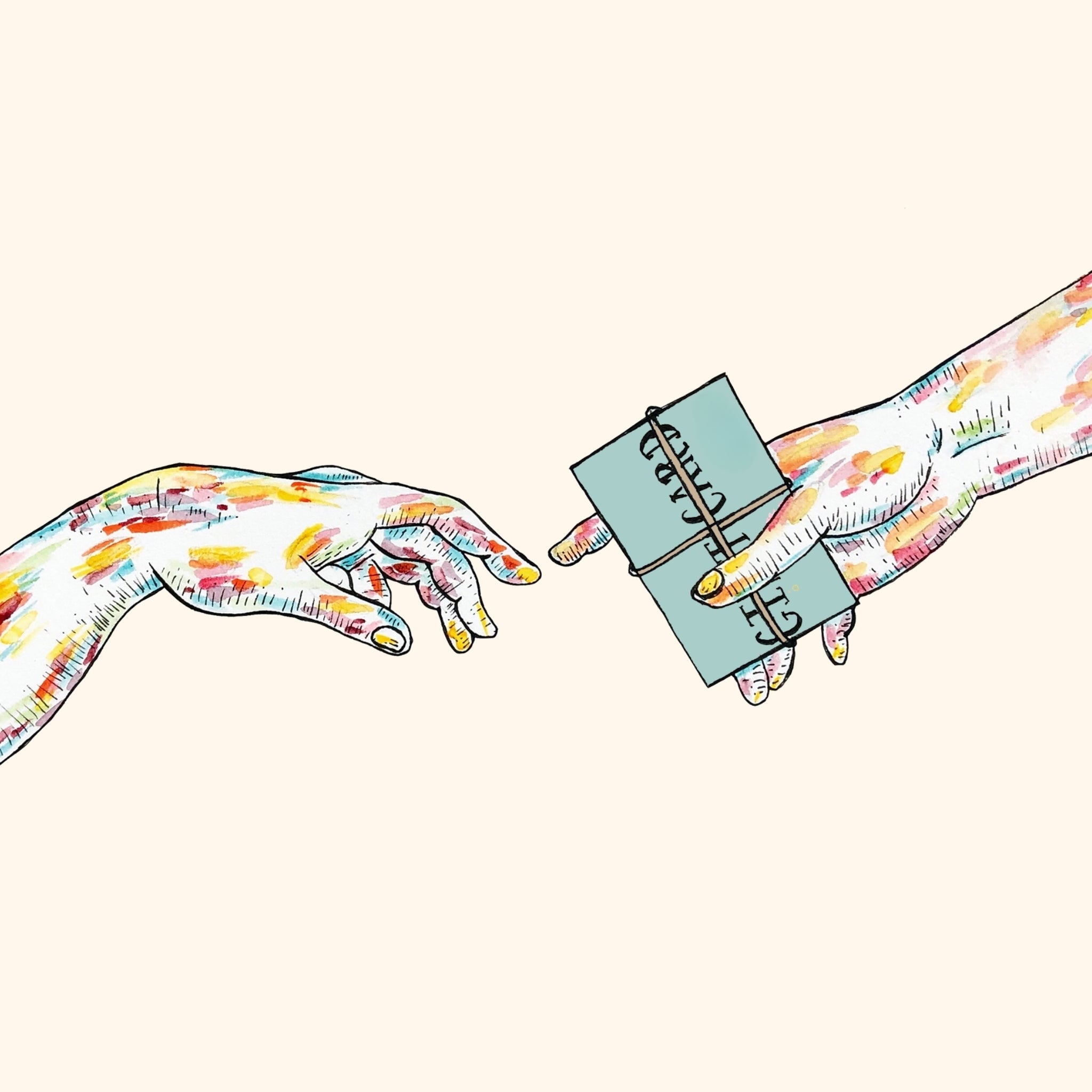 A colorful illustrated hand passes an Honesty Gift Card to another hand—like exchanging a present—set against a pale background.