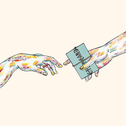 A colorful illustrated hand passes an Honesty Gift Card to another hand—like exchanging a present—set against a pale background.